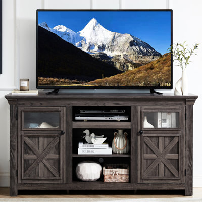 Grand meuble de divertissement inspiré d'une grange, armoire grise, l 60,27 po x P 15,36 po, H 31,7 po avec unité de rangement de style télé, gris, H 31,7 po, convient à la télévision 65 po, commande de câble efficace