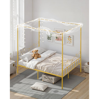 Structure de grand lit à baldaquin, lit à baldaquin en métal avec tête de lit minimaliste et quatre affiches, support de lattes en acier robuste, espace de rangement sous le lit, aucun sommier requis, assemblage facile, or