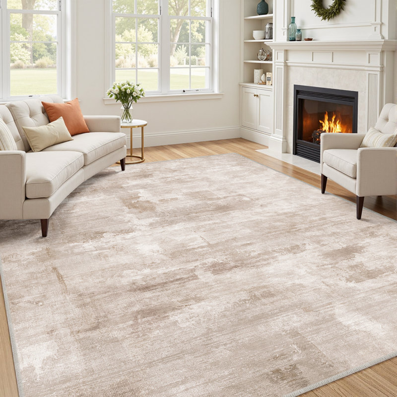 Tapis abstrait lavable à la machine avec envers antidérapant Elroy, Beige, 0.28", Rectangle 9 pi x 12 pi