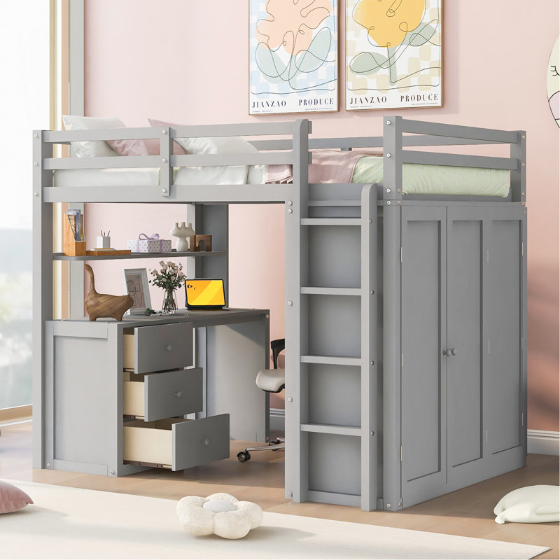 Full Size Loft Bed With Drawers,Desk,And Wardrobe-Grey, Grey