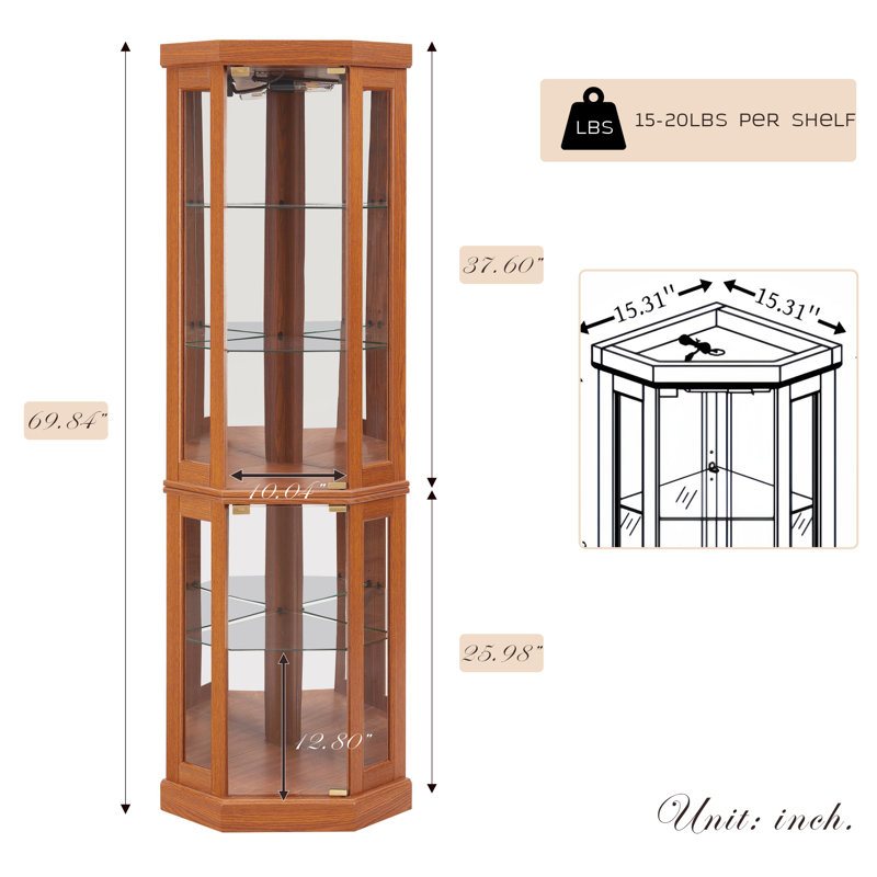 Corner Glass Cabinet Lighted Curio Cabinet Corner Display Case for Living Room, Curio Cabinet, Antique collection, Wine,Bar Glass Storage Light Included