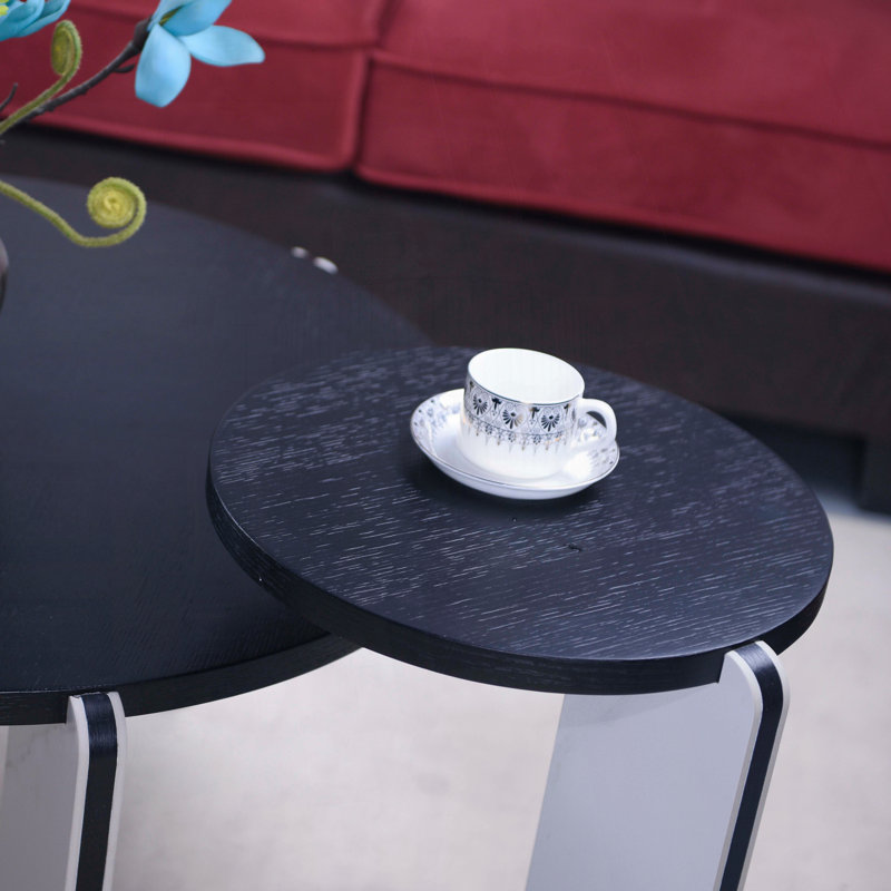 Ensemble de 2 tables basses et tables de bout rondes avec placage en chêne et pieds en pierre frittée - noir et blanc, 32,68 po et 16,93 po