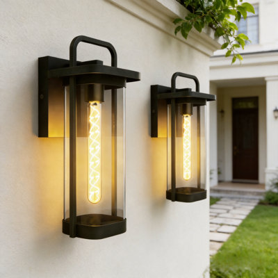 Outdoor Large Large Wall Sconce Light, Matte Black Metal & Tempered Glass Shade Wall Lantern Waterproof For Porch Doorway Patio（Set Of 2)
