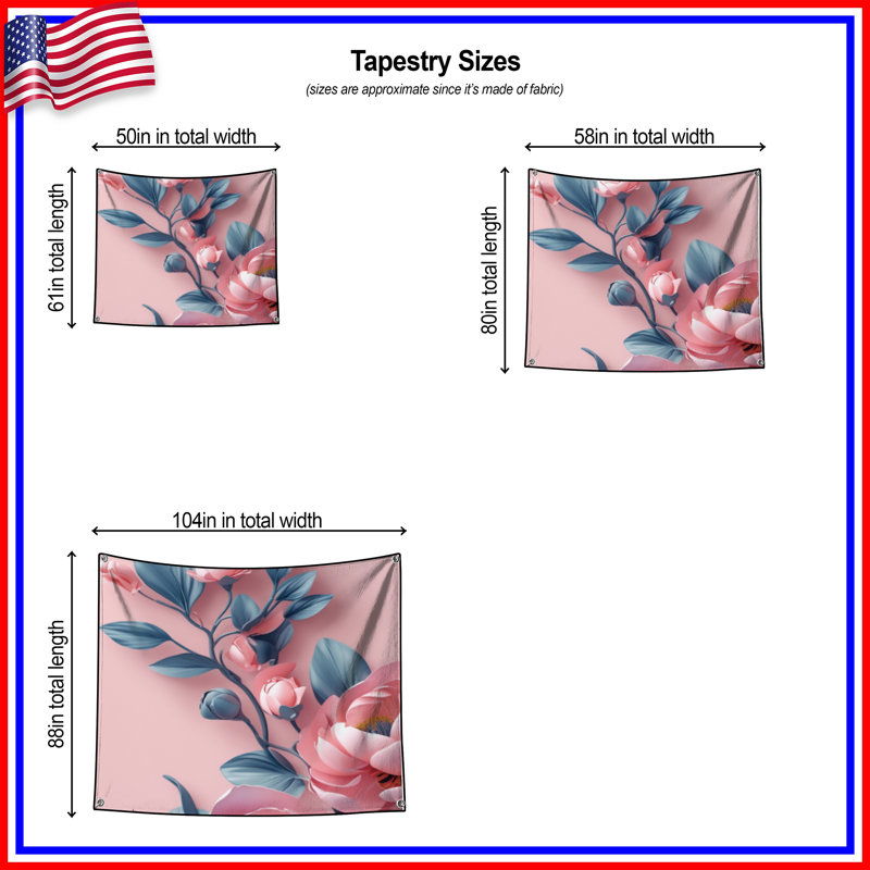 Tapisserie murale fleurs de pivoine rose, 68in H x80in W with 4 Grommets