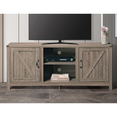 Meuble télé de style ferme en bois de 150 cm (59 pouces) pour téléviseurs de 55 à 65 pouces, 2 étagères, 2 placards, taupe