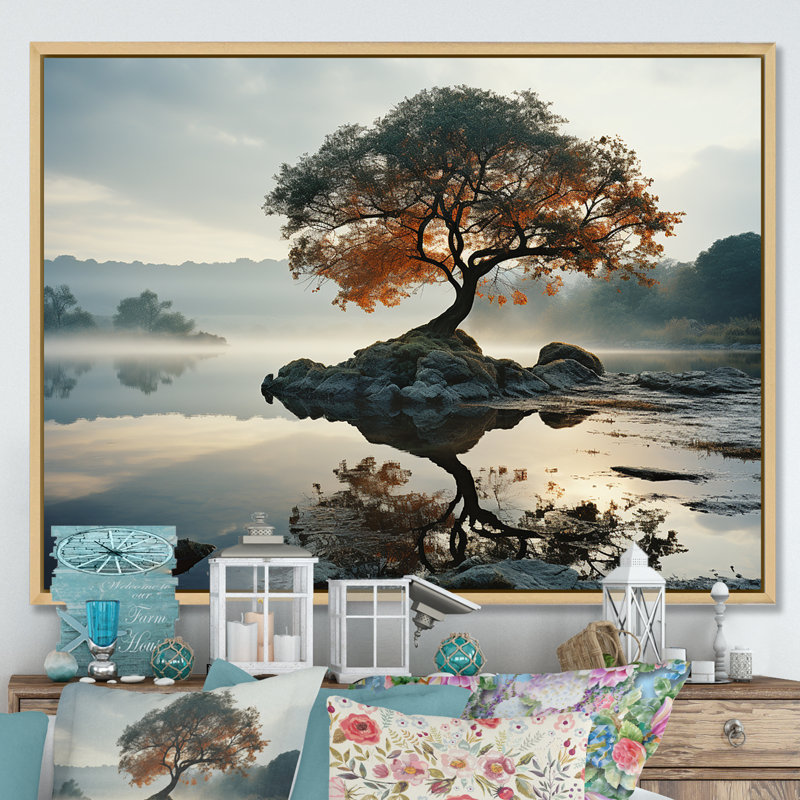 «Lake Tree Tranquility», reproduction sur toile, Cadre naturel flottant, H 34 po x l 44 po x P 1,5 po