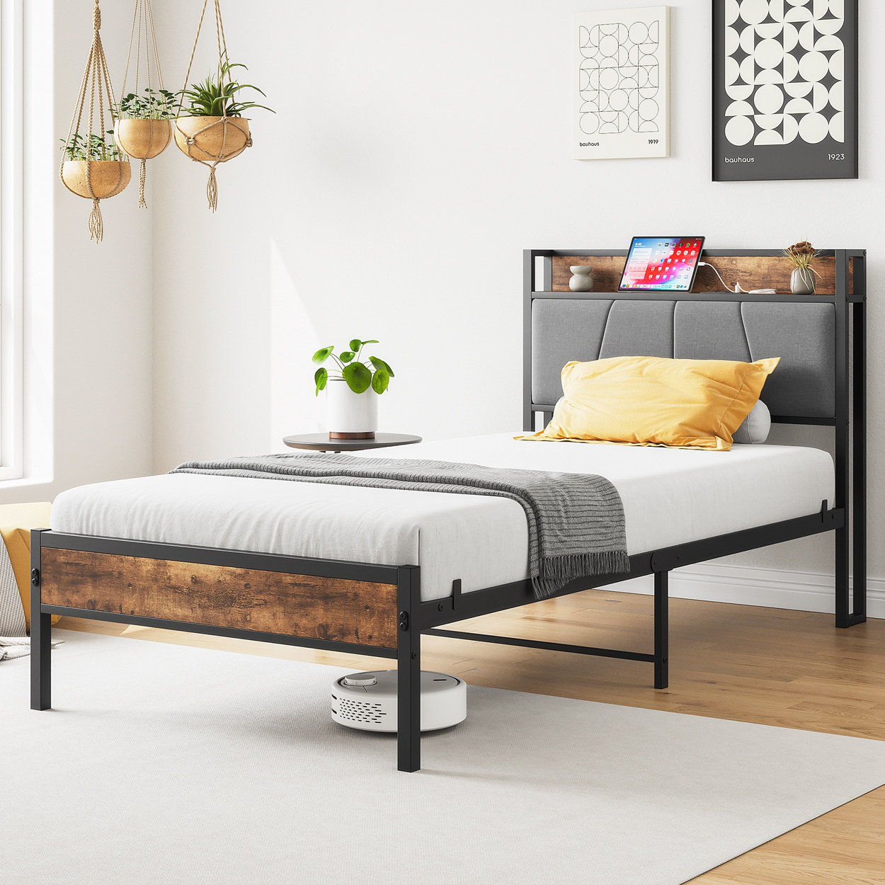 17 Stories Bed Frame With Storage Headboard And Charging Station ...