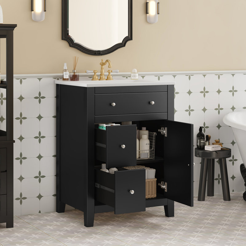 Meuble-lavabo de salle de bain avec lavabo en céramique Defelice, Noir
