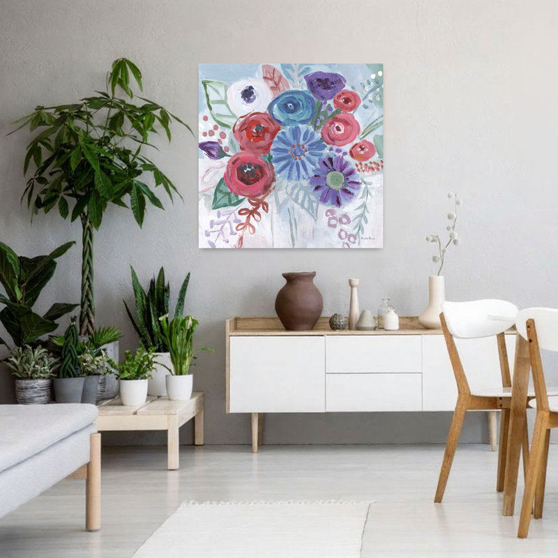 Joyaux floraux contemporains II avec art abstrait bleu, H 36 po x l 36 po