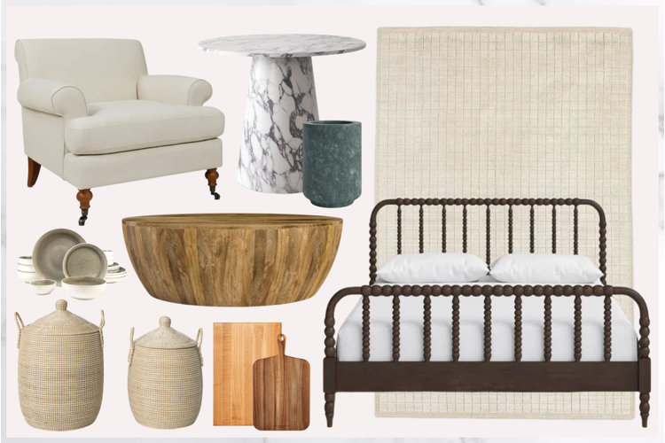 mood board of high quality materials wood coffee table wood bed linen accent chair marble side table and woven baskets