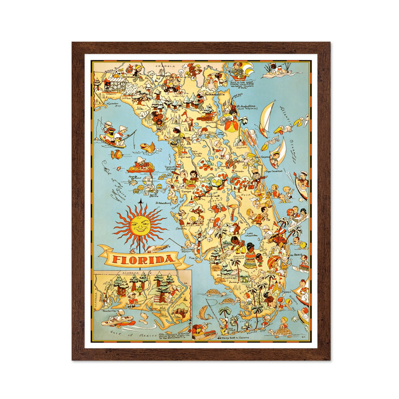 Carte illustrée de la Floride, H 18 po x l 24 po, Affiche, Encadrement brun
