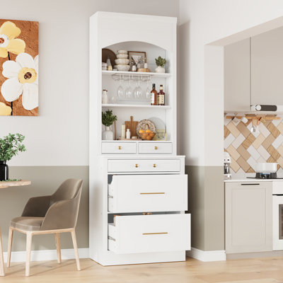 Modern Freestanding Kitchen Pantry With Faux Marble Top, 5 Drawers, Glass Holders, And Adjustable Shelf, Space-Efficient Storage Solution