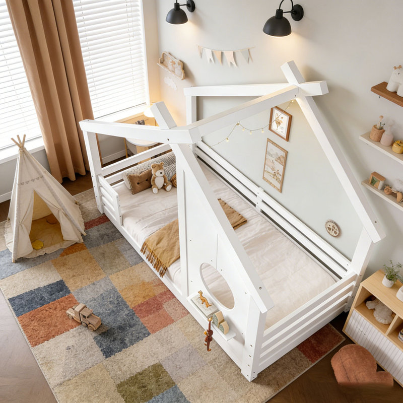 Lit House House avec fenêtre et petite tablette, Lit simple, Blanc