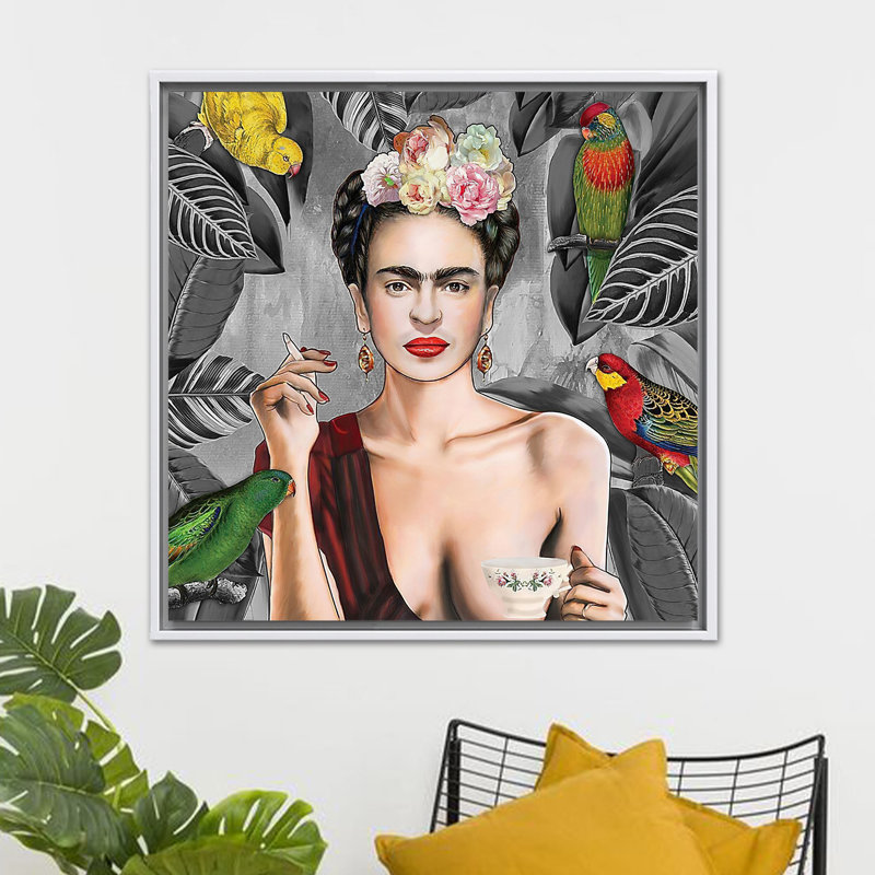 Toile imprimée: Frida Kahlo avec tasse de thé, art mural femme qui fume, 1P, H: 35,5 po x l: 35,5 po
