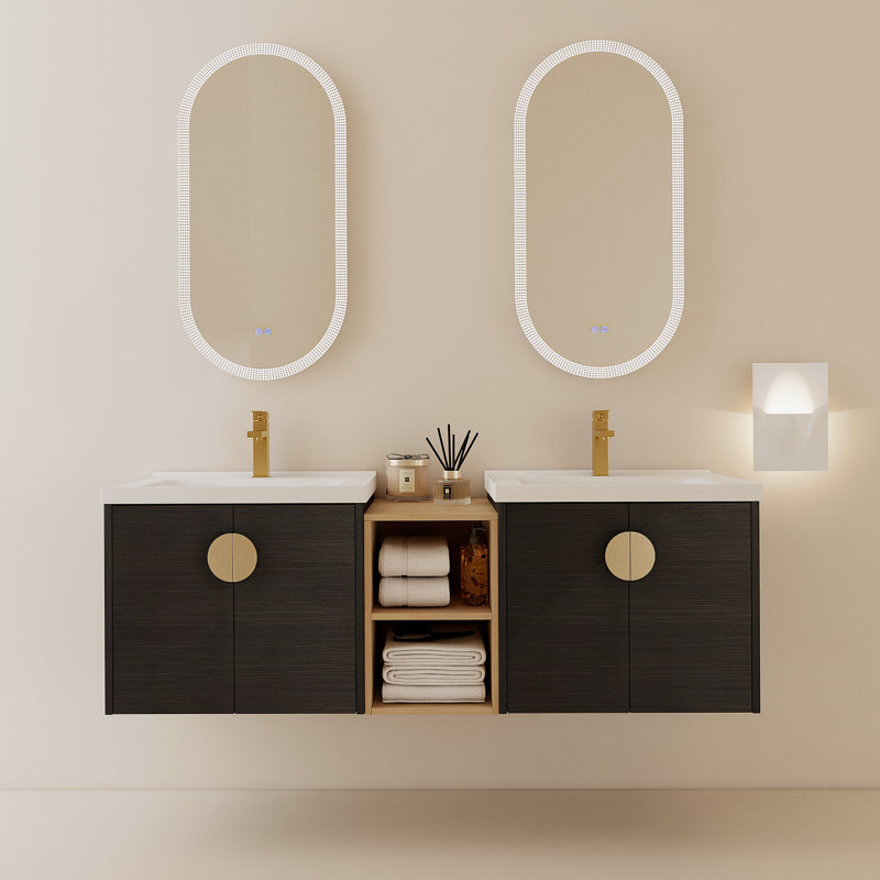 Meuble-lavabo à fermeture en douceur de 60 pouces avec lavabo et petites tablettes de rangement, Noir