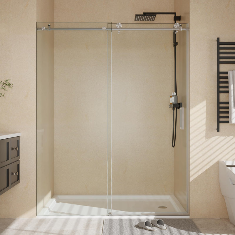 Frameless Sliding Glass Shower Door – 44–48" W x 76" H – 8mm Tempered Glass – Brushed Stainless Steel Round Rail – Explosion-Proof Film, Easy-Clean, Seal Strip – Modern Bathroom Sliding Door