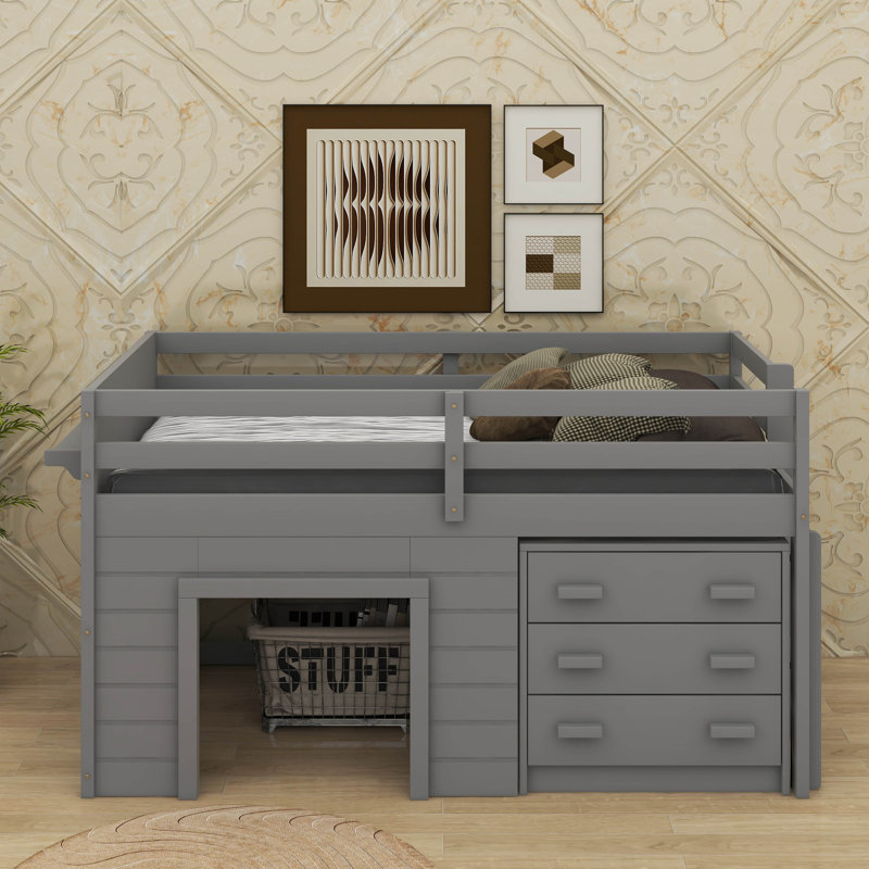 Twin Size Loft Bed With Cabinet And Shelf, Gray