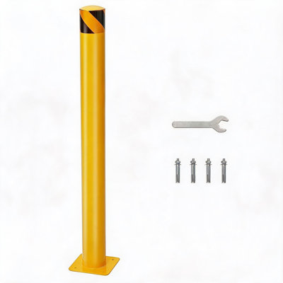 Poteau de sécurité en acier haute visibilité - 42 po de hauteur x 4,5 po de diamètre, thermolaqué jaune, base de fixation et 4 boulons d'ancrage pour ruisseau, stationnement, entrepôt - paquet simple