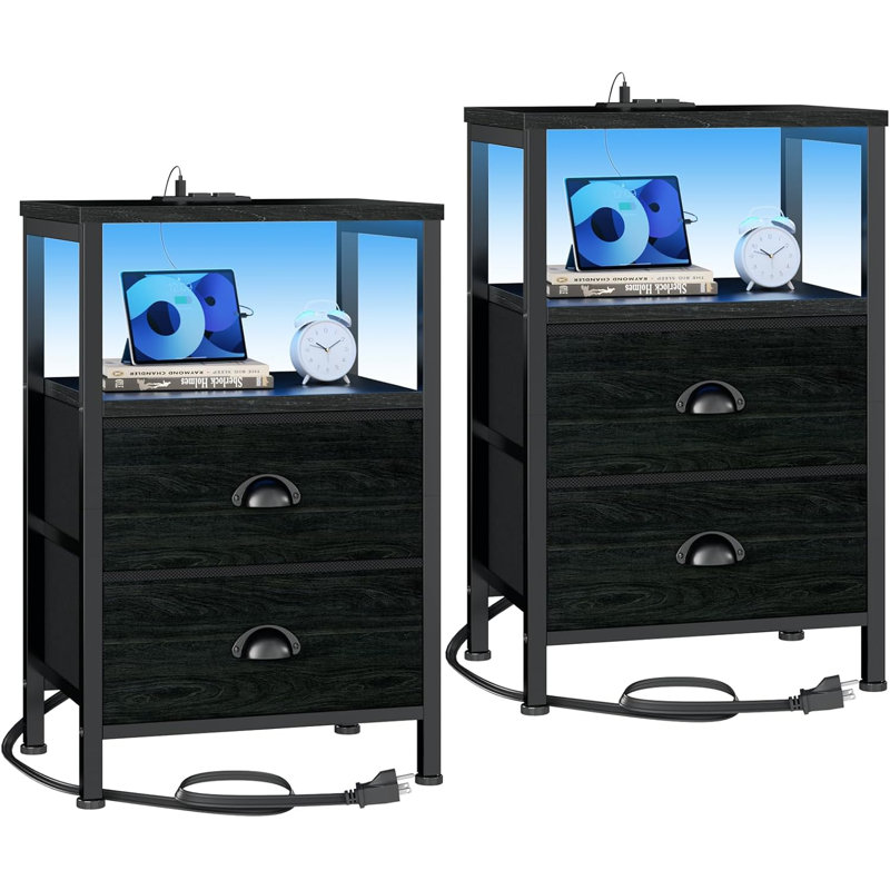 Nightstands Set of 2, End Tables with Charging Station and LED Lights