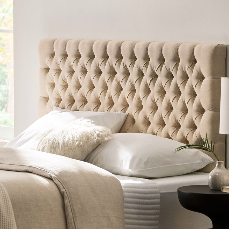 Contemporary Beige Headboard For Queen Bed, Fully Upholstered Modern Style Fabric Upholstery, Enhances Bedroom, Assembly Needed