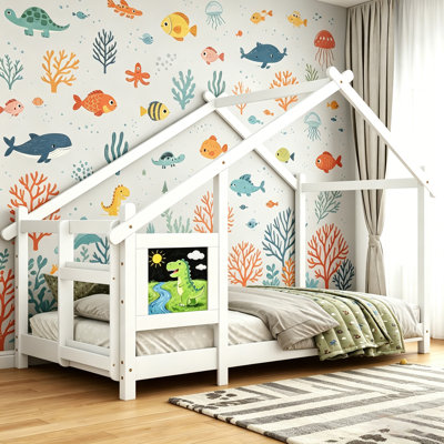 Twin Size Kids House Bed with Chalkboard & Guardrails