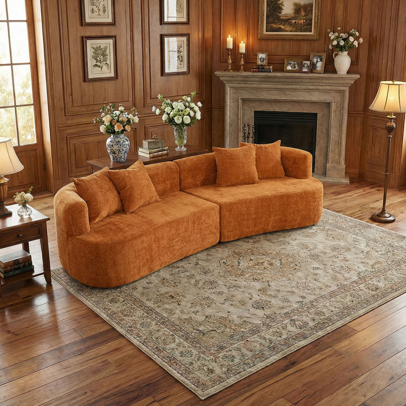 2 - Piece No Assembly Required Upholstered Sectional, Free Combination Cloud Sofa, Orange Chenille