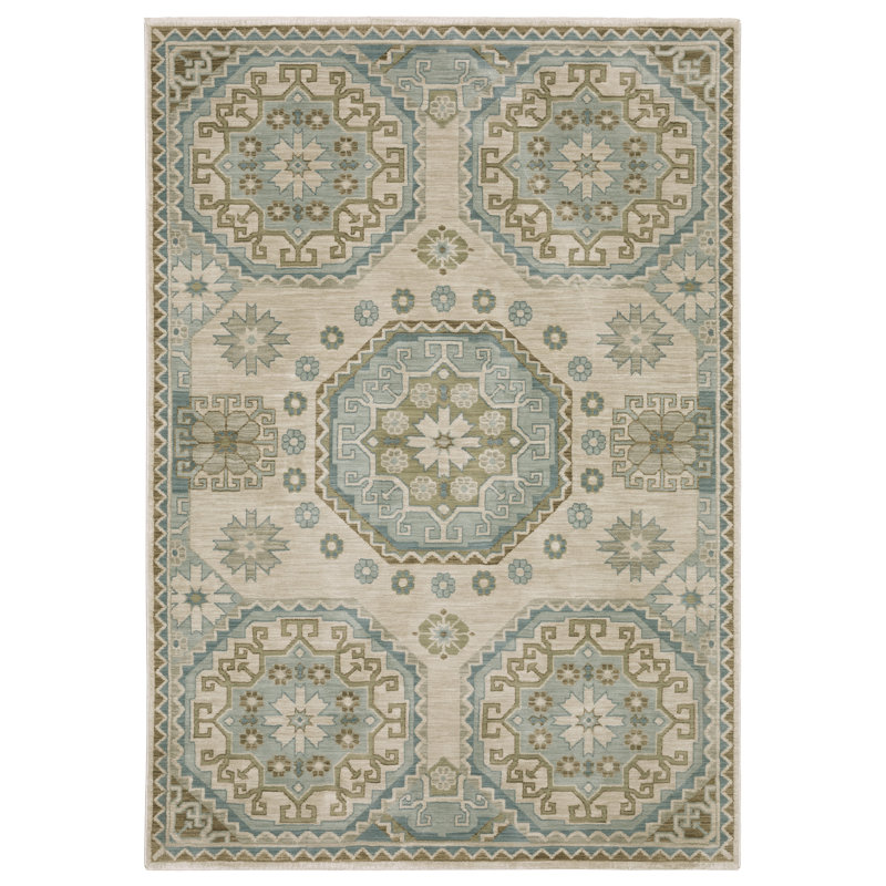 Graicyn Bohemian Medallion Beige/ Teal Area Rug, Rectangle 5'3" x 7'9"