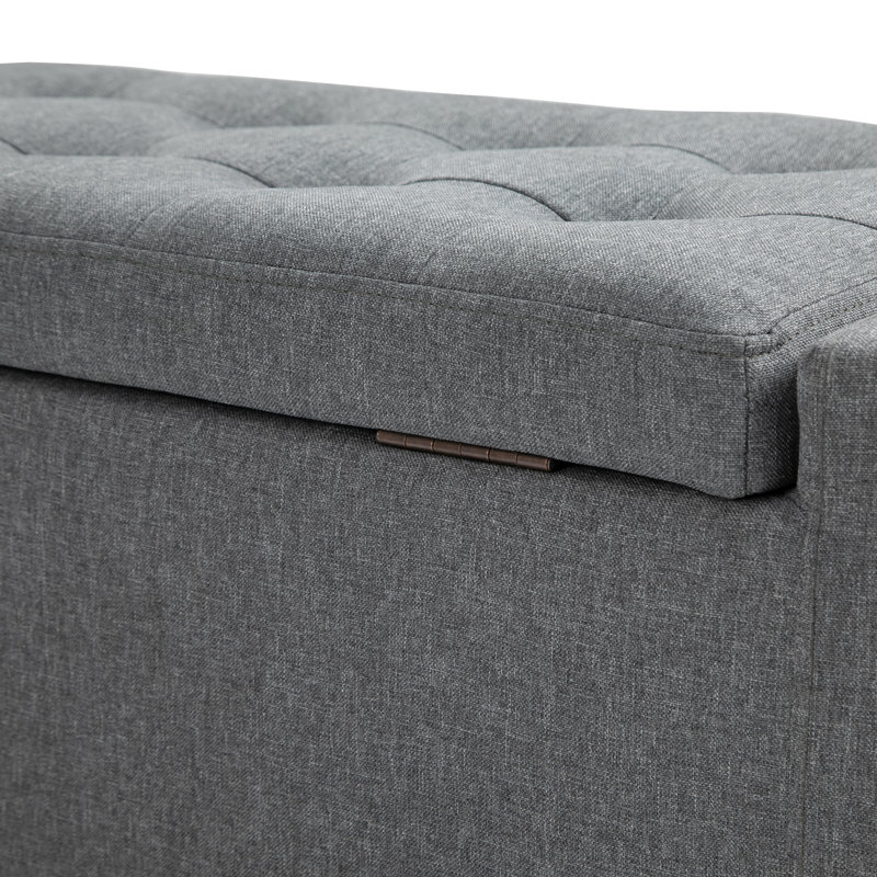 Banc de rangement en gris, revêtement en lin avec plateau relevable et bouton, polyvalent pour le salon comme repose-pieds, capacité de lit abondante, housse grise, fonctionnalité pratique