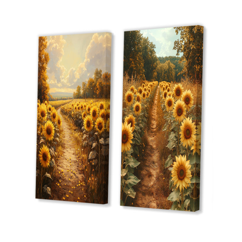 Tournesols le long du sentier de la ferme I - Collection d'art mural floral 2 panneaux, H 28 po x l 25 po, Toile tendue