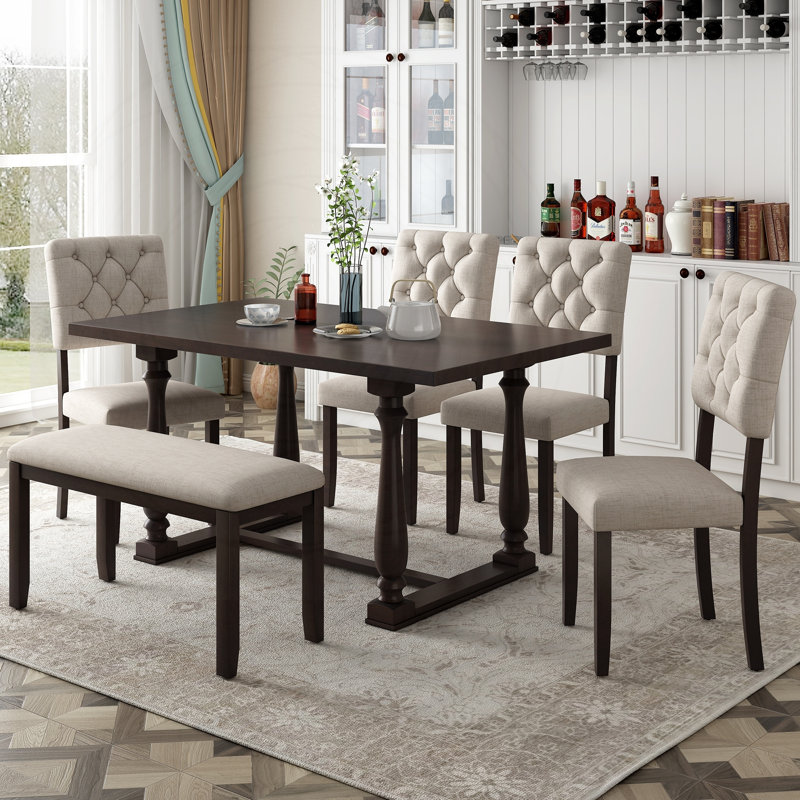 Retro 6-Piece Dining Set with Tufted Seating, Espresso