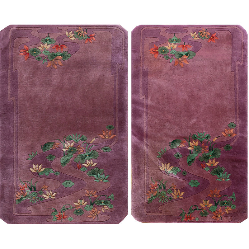 Pair Of Small Purple Color Antique Chinese Deco Wool Pile Area Rug