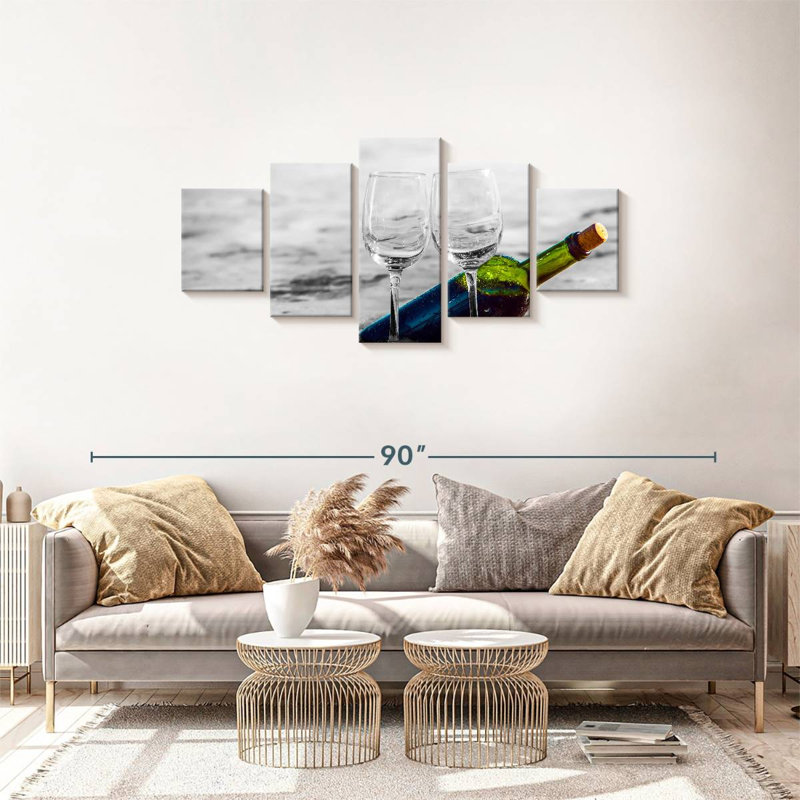 Ensemble de 5 pièces «Wine And Alco Wine By The Beach On Canvas», H 30 po x l 68 po