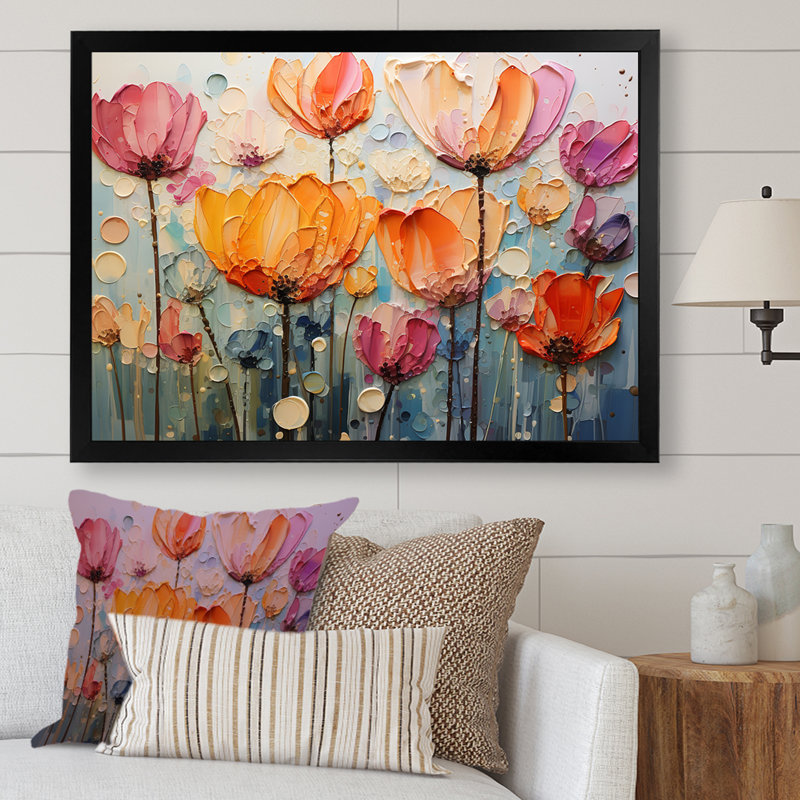 Collage de tulipes jaunes et rouges sur toile, Cadre simple noir, H 12 po x l 20 po x P 1 po