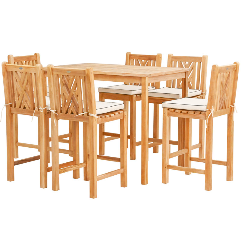 Ensemble de bar bistro rectangulaire en bois de teck 7 pièces 63 po avec 6 chaises de bar, L 63 po x l 35,5 po x H 43 po