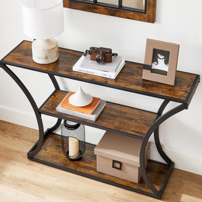 Console avec cadres courbés et 2 tablettes ouvertes. Brun rustique + noir