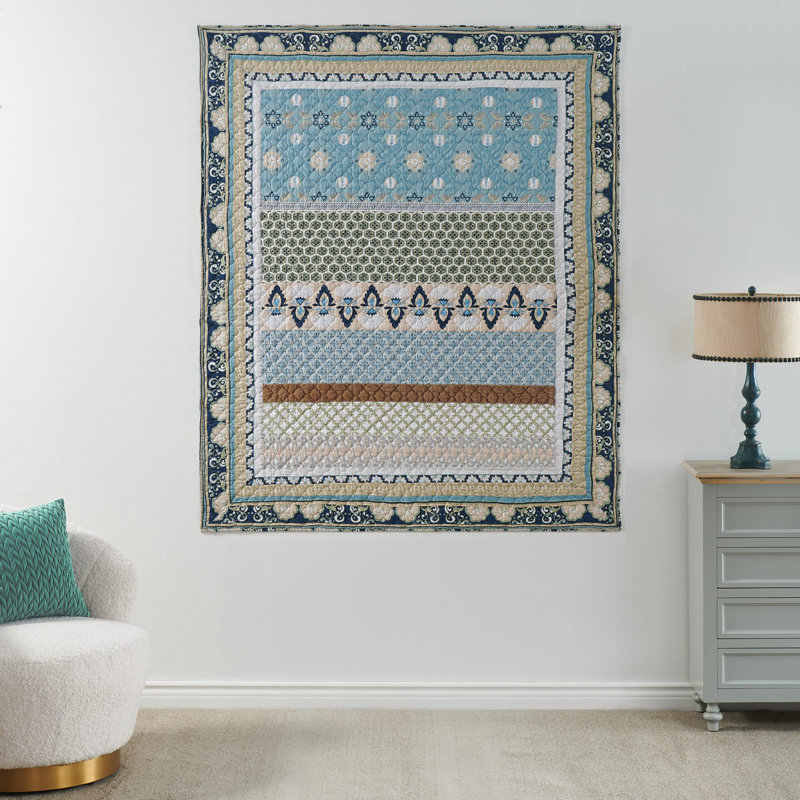 Jeté décoratif en coton matelassé réversible Thalia, Bleu / Brun / Vert