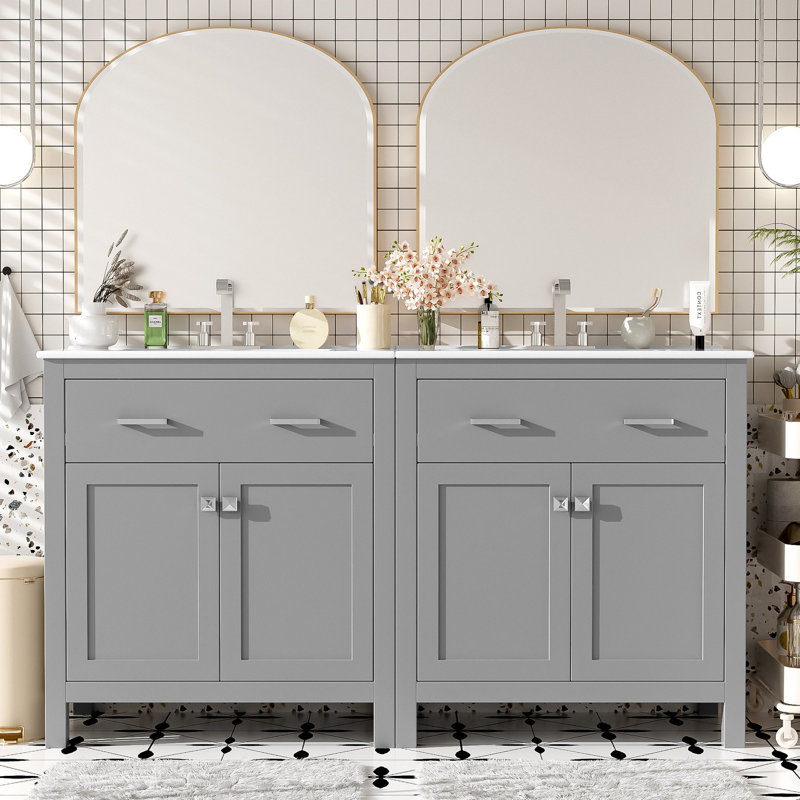 Armoire de salle de bain à double vasque en gris moderne, avec tablette réglable et charnières à fermeture en douceur - Luxueux lavabos en céramique à hauteur réglable