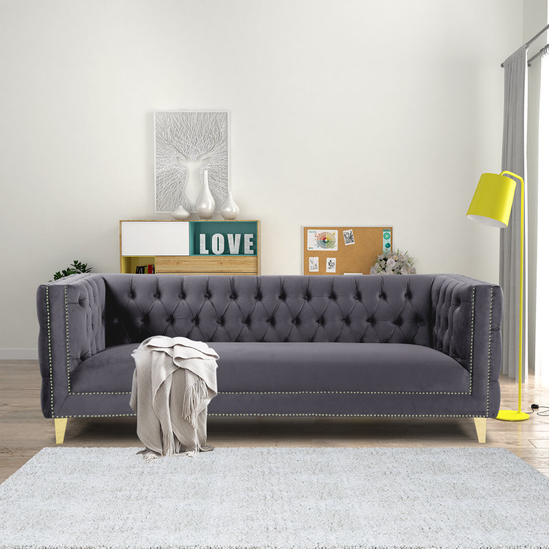 Canapé en velours de luxe Arnav, 86 po de largeur, fabrication solide, entièrement assemblé, Velours gris velours
