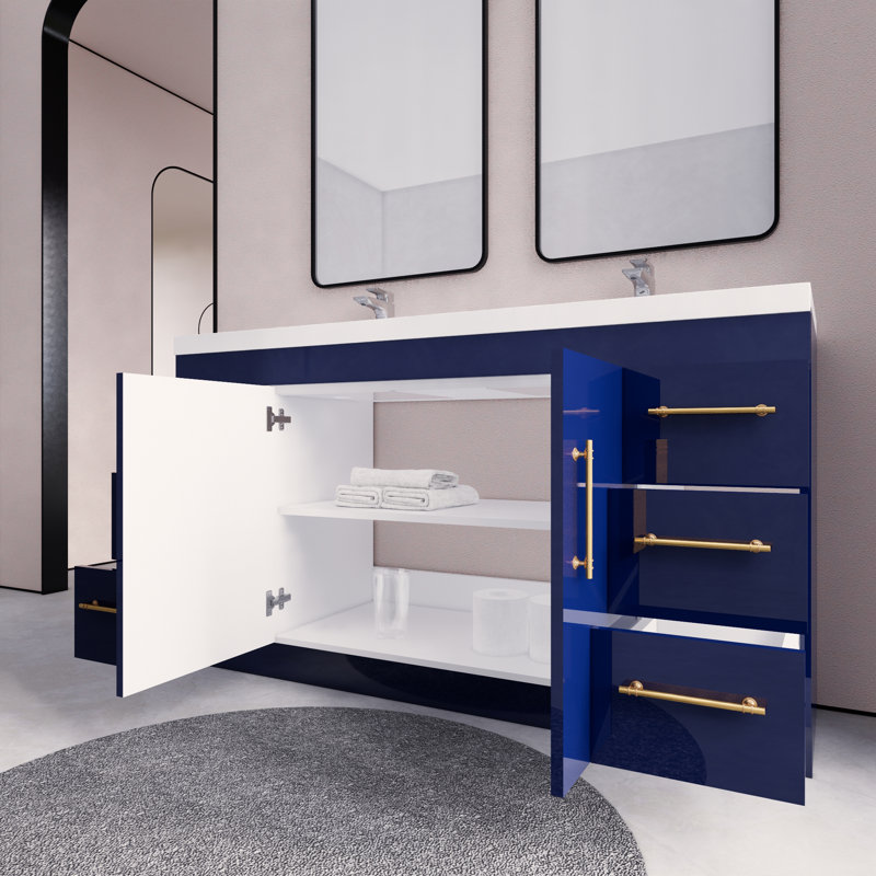 Verda 59.05'' Double Bathroom Vanity with Acrylic Top, Navy Blue