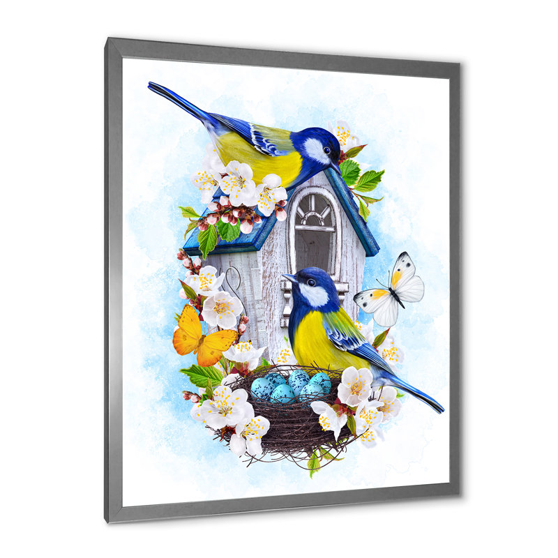 Deux mésanges assis près du nid avec œufs I - Impression sur toile, H 40 po x l 30 po x 1,5 po, Toile avec cadre argenté
