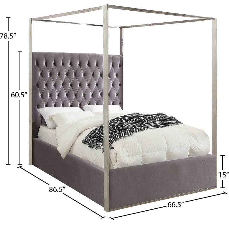 Porter Tufted Upholstered Canopy Bed, Queen, Grey Velvet