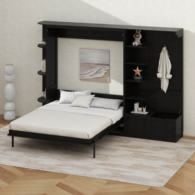 Lit escamotable avec rangement et lumières DEL, cadre mural escamotable peu encombrant avec tablettes et armoire