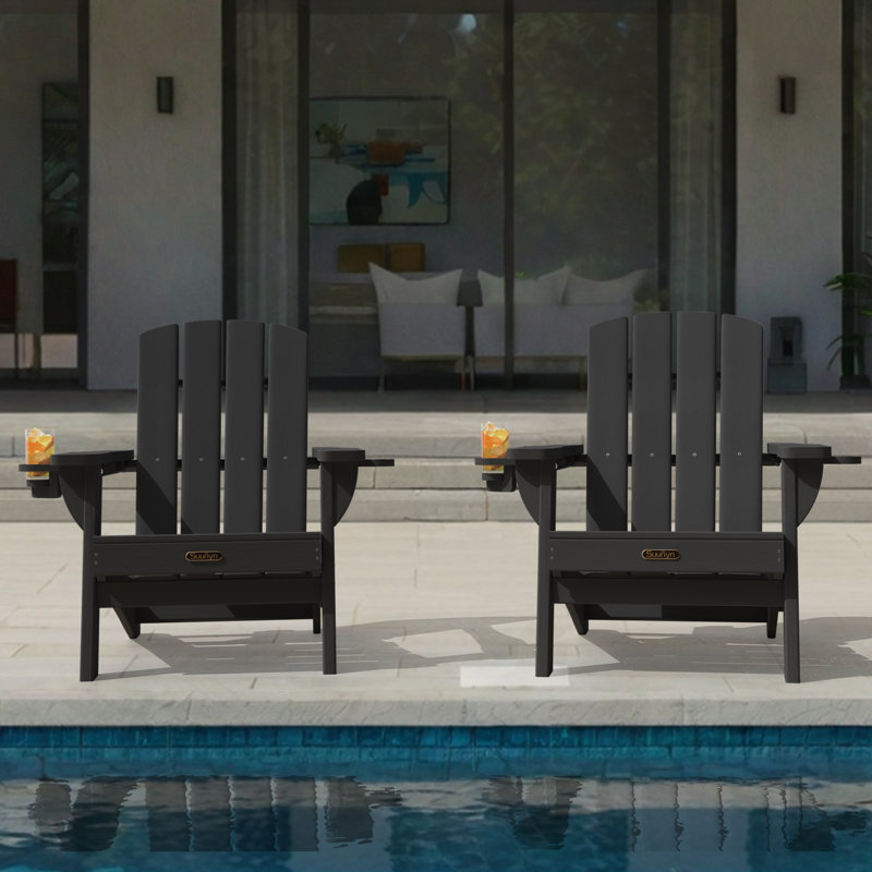 HDPE Folding Adirondack Chair With Cup Holder, Black