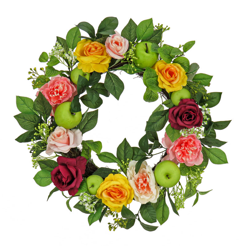 Couronne de roses, pivoines et pommes