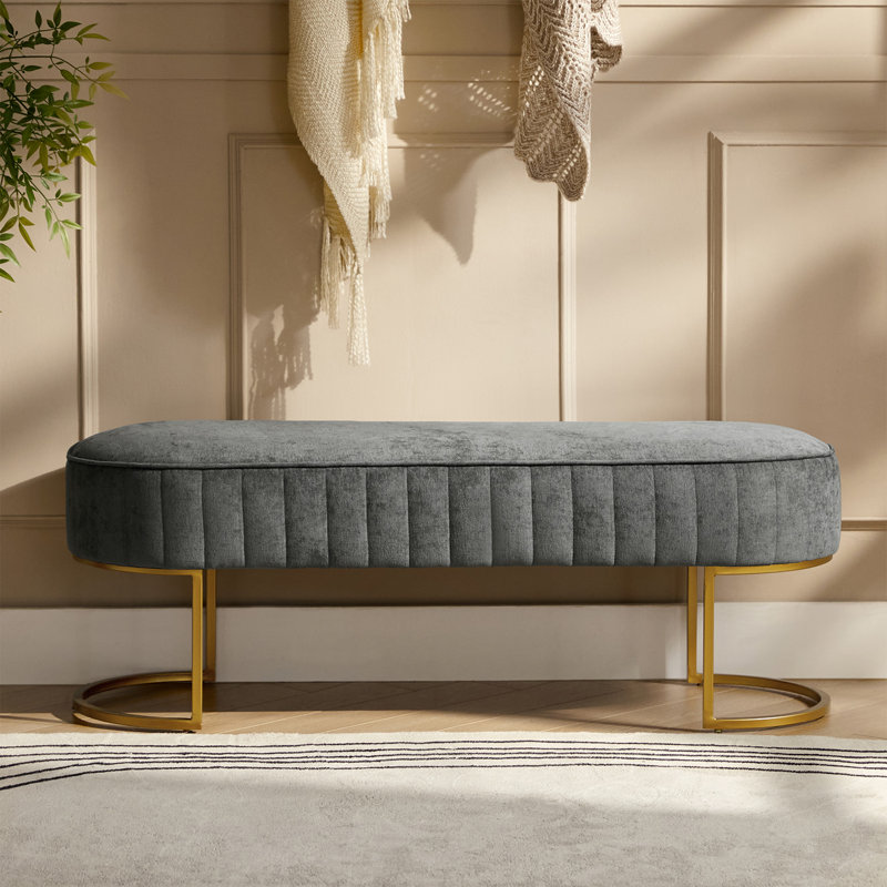 Ferdinand Lawanda 46" Modern Polyester Upholstered Bench with Channel-Tufted Cushion and Metal Base, Gray