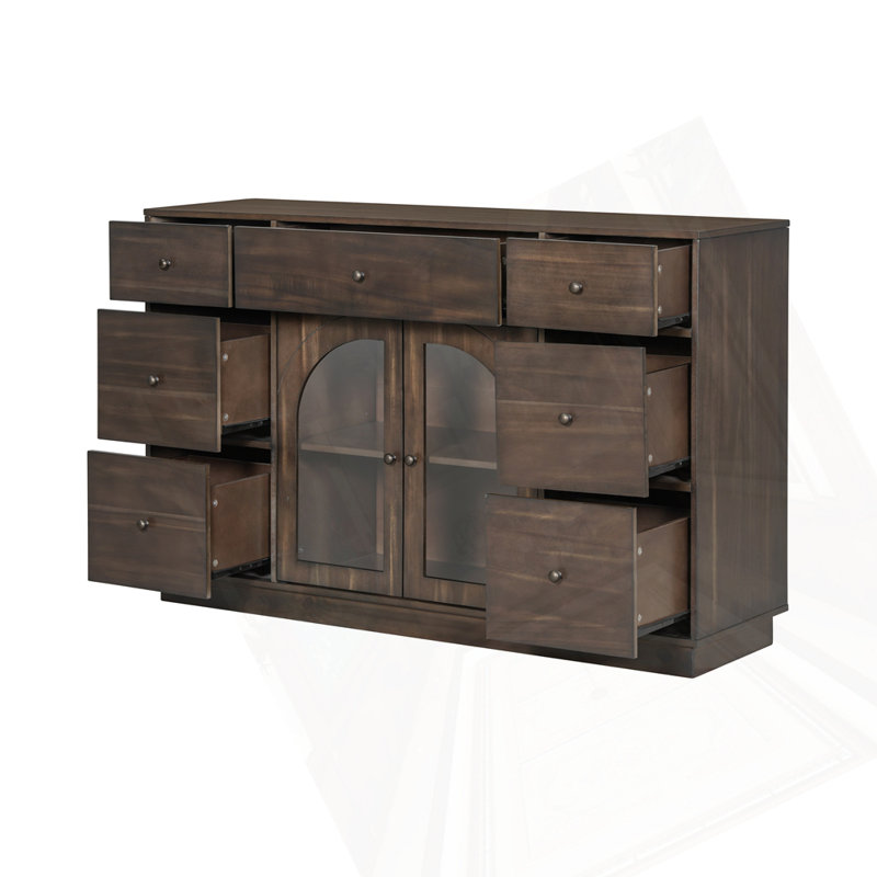 Marenza Contemporary  Wood Sideboard With Glass Cabinet And Drawers, Dark Brown