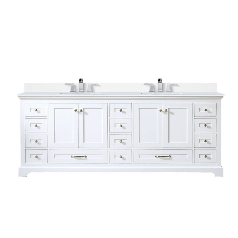 Meuble-lavabo double blanc 84 po X P 22 po D, dessus en quartz blanc et ensemble de robinet, Blanc