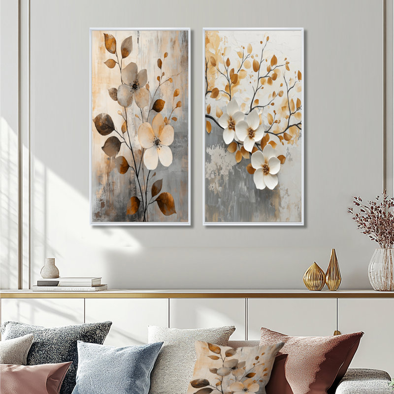 Fleurs de cerisier orange gris botanique III - ensemble de 2 fleurs de cerisier, H 40 po x l 40 po, Cadre flottant blanc