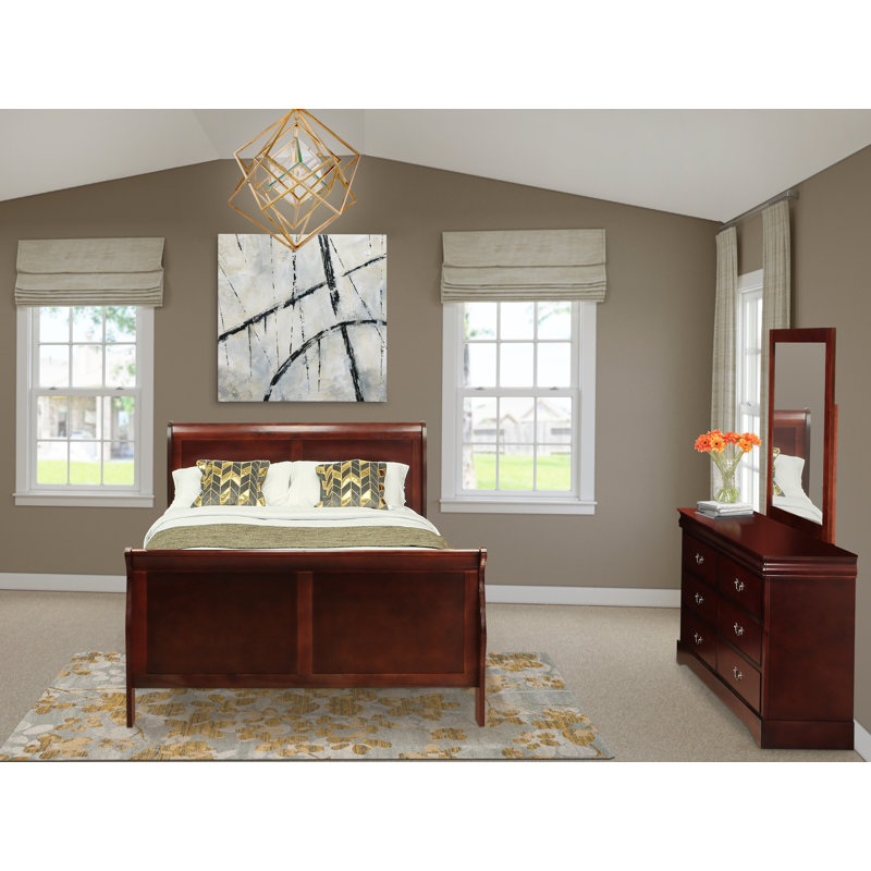 Ensemble de chambre à coucher 3 pièces, un grand lit avec 1 miroir et une commode en bois, finition or métallique