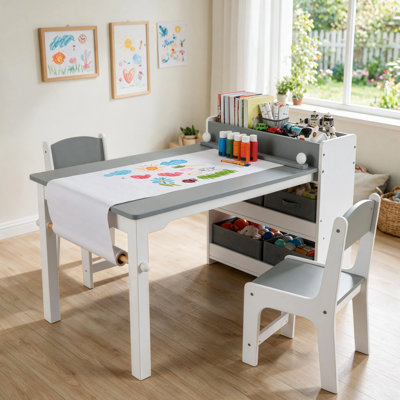 3-Piece Kids Art Table and Chair Set with Storage & Paper Roll Holder, 2 Ergonomic Chairs, for Drawing, Crafts & Play(gray)